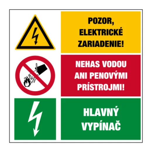 Pozor, elektrické zariadenie! / Nehas vodou ani penovými prístrojmi! / Hlavný vypínač