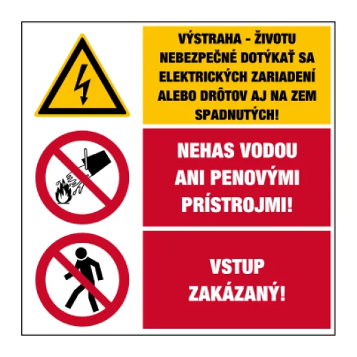 Výstraha – životu nebezpečné dotýkať sa elektrických zariadení alebo drôtov aj na zem spadnutých! / Nehas vodou ani penovými prístrojmi! / Vstup zakázaný!