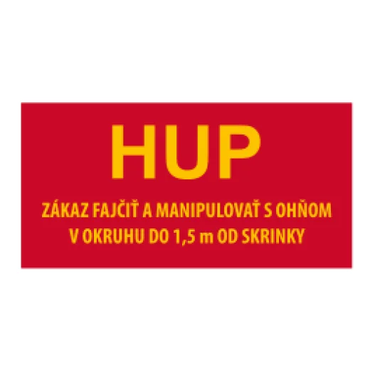Hlavný uzáver plynu – červený (HUP; zákaz fajčiť a manipulovať s ohňom v okruhu do 1,5 m od skrinky)