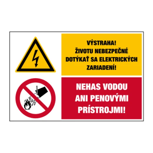 Výstraha! Životu nebezpečné dotýkať sa elektrických zariadení! / Nehas vodou ani penovými prístrojmi!